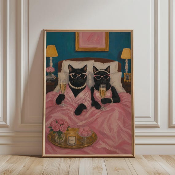 Black Cat Poster Pink Champagne Wall Art Glamorous Print Coquette Bedroom Decor Funny Fashion Artwork Lover Gift