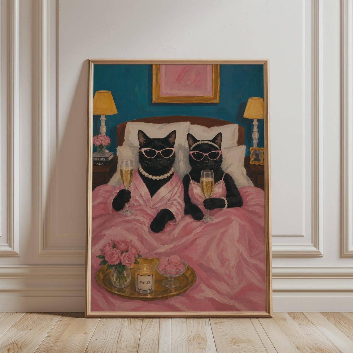 Two Black Cats With Champagne In Bed Pink Coquette Glamour Art Poster