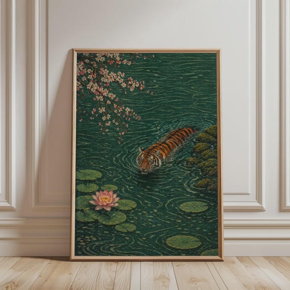 Japanese Vintage Swimming Tiger Art Print