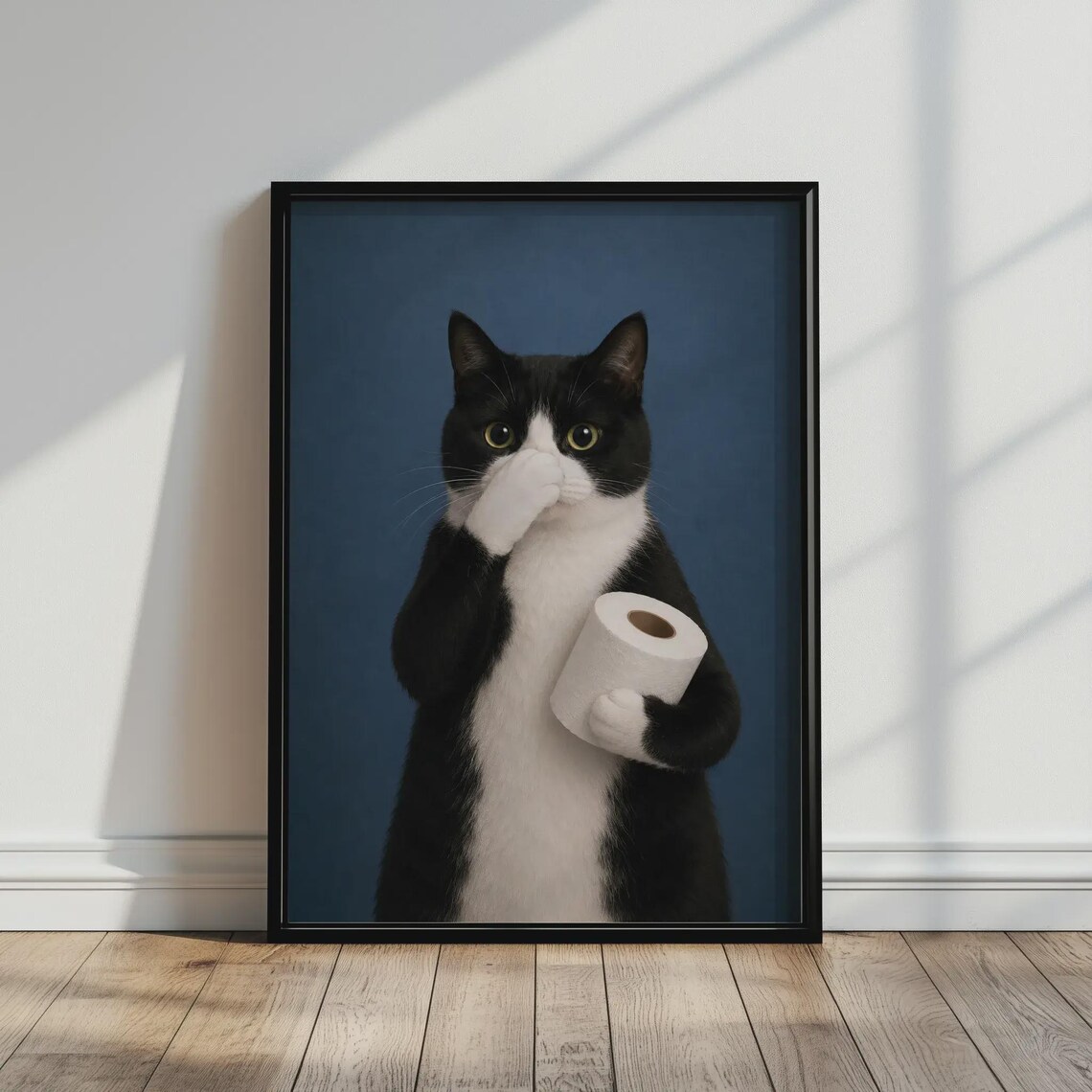 Funny Tuxedo Cat Holding Toilet Paper Roll Nose Pinch Bathroom Poster