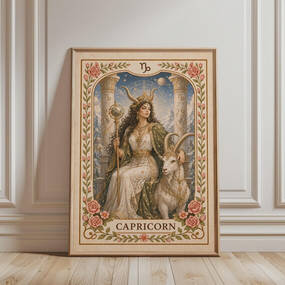 Spiritual Wall Art Capricorn Zodiac Print Boho Floral Astrology Mystic Botanical Vintage Poster For Celestial Home Decor