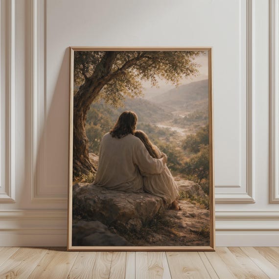 Jesus Hugging Girl Under Tree Poster Christian Wall Art Peaceful Religious Print Biblical Landscape Catholic Home Decor