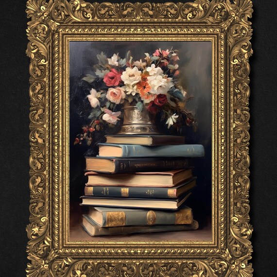 Floral Book Stack Print Antique Cottagecore Dark Academia Decor Book Lover Still Life Moody Wall Art