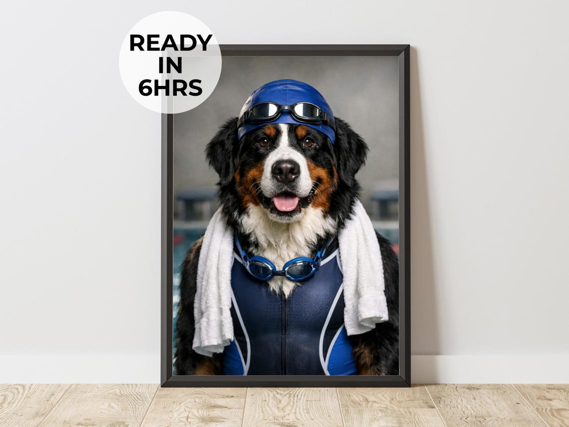 Custom Bernese Mountain Dog Swimmer Portrait Funny Pet Poster