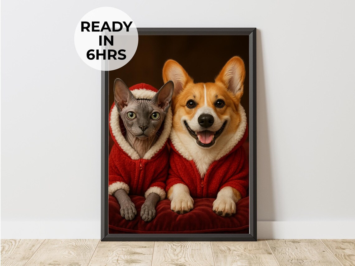 Sphynx Cat And Corgi In Red Holiday Hoodies Christmas Pet Poster