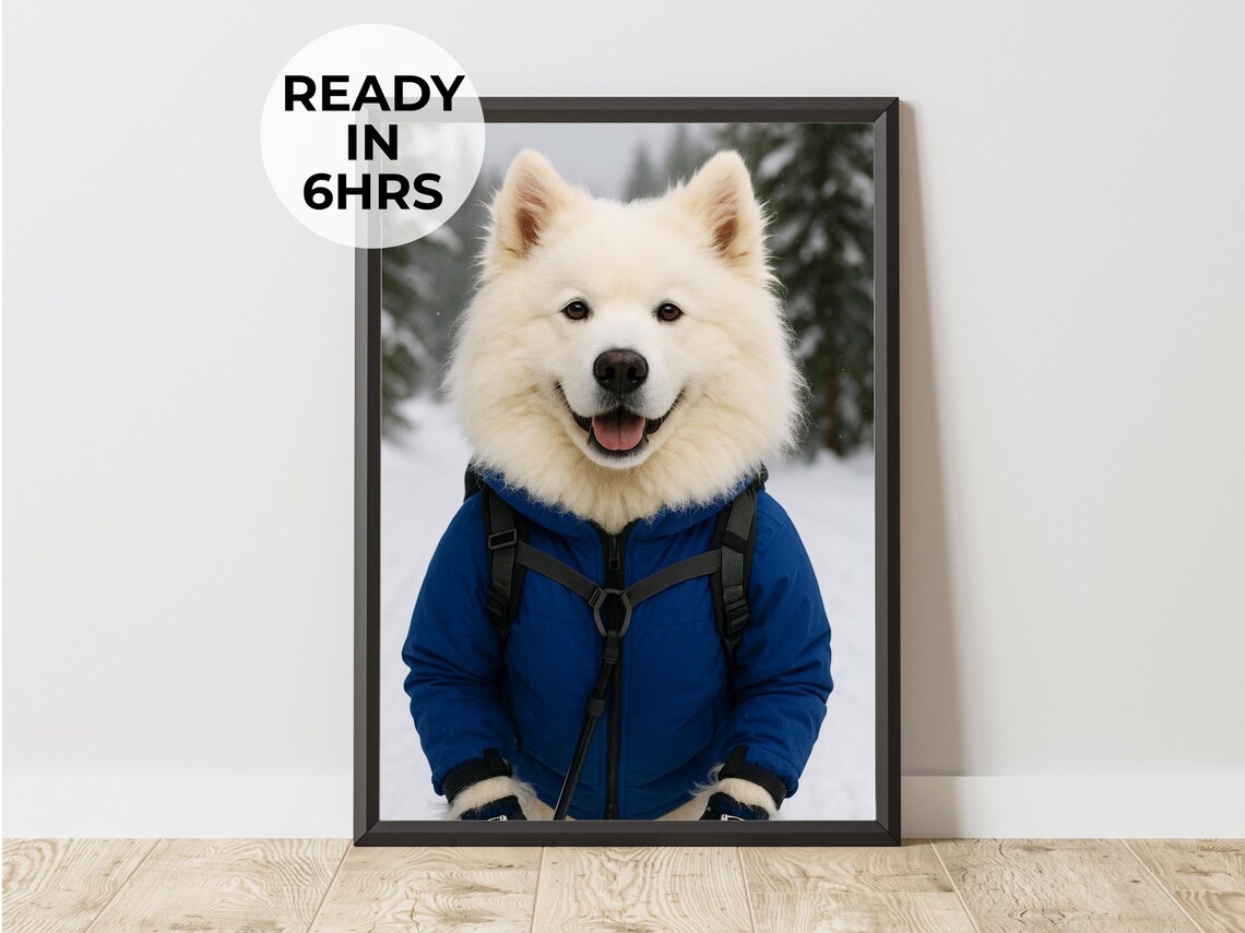 Smiling Samoyed in Winter Hiking Gear Custom Pet Portrait Print