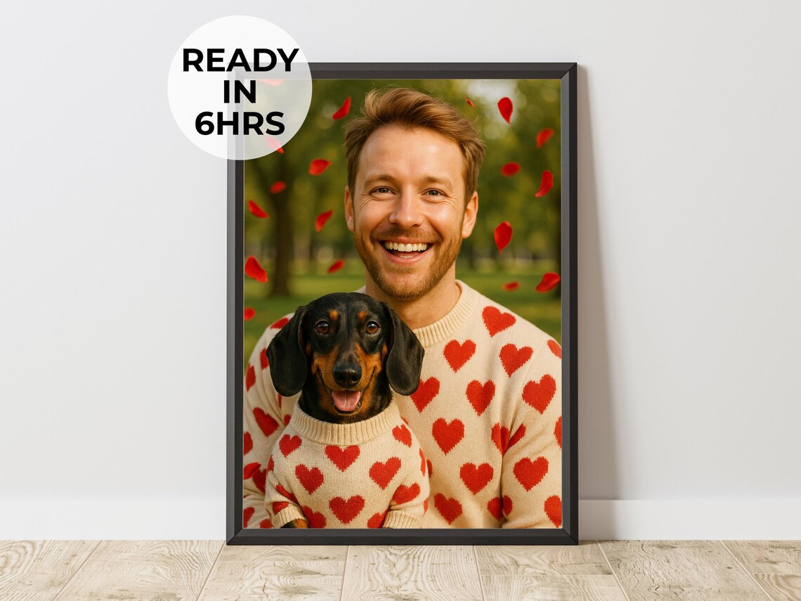 Custom Matching Heart Sweater Dachshund Dog Portrait Valentine Pet Poster