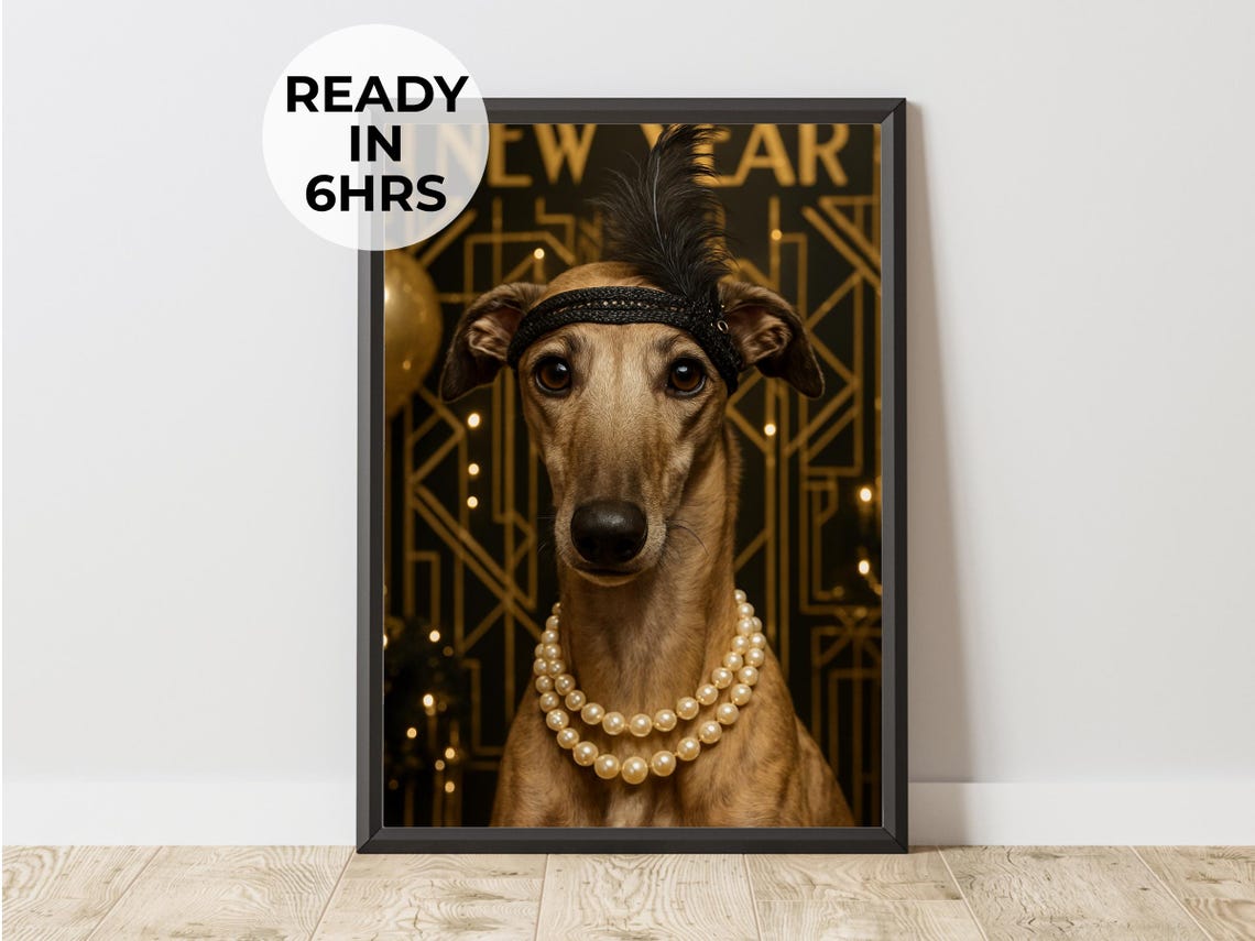 Custom 1920s Flapper Pet Portrait Art Deco Pearls Greyhound Poster