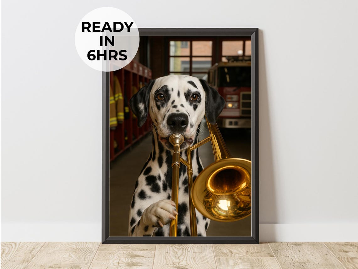 Funny Dalmatian Firefighter Playing Trombone Hero Dog Art Poster