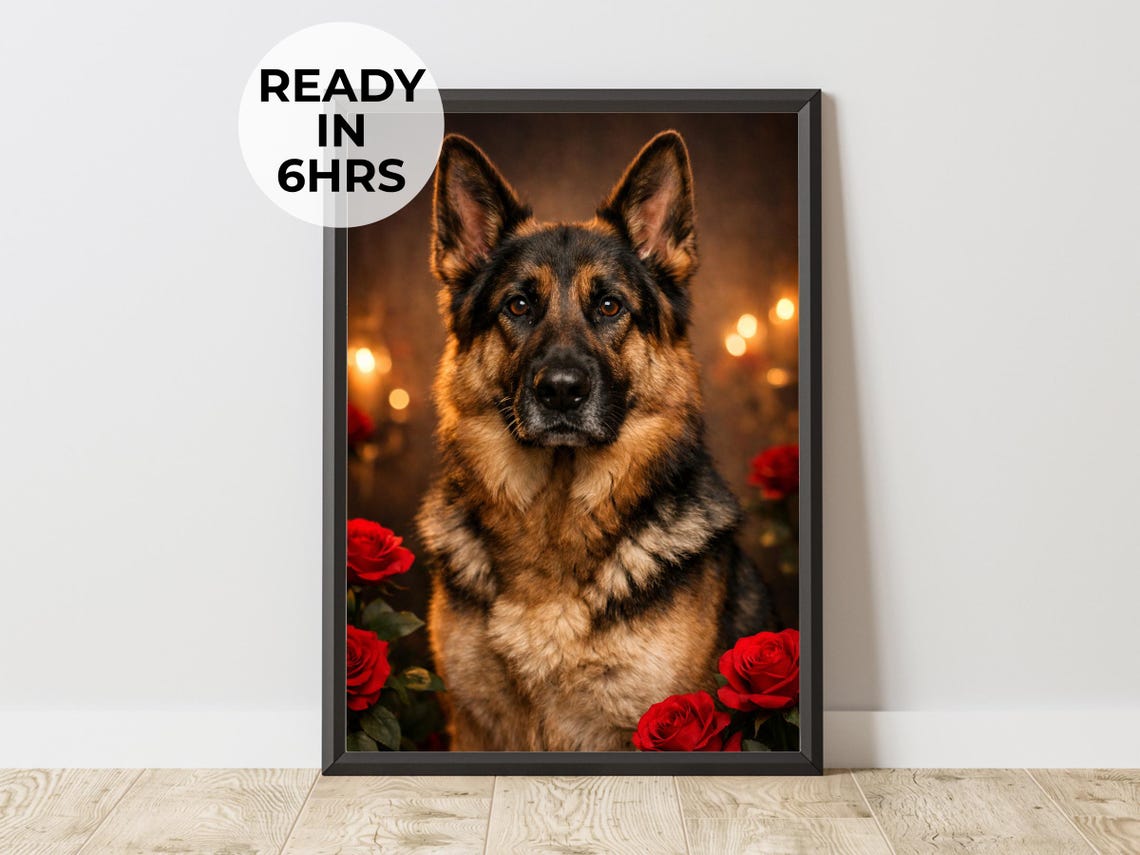 Custom Royal German Shepherd Red Roses Elegant Pet Portrait Poster