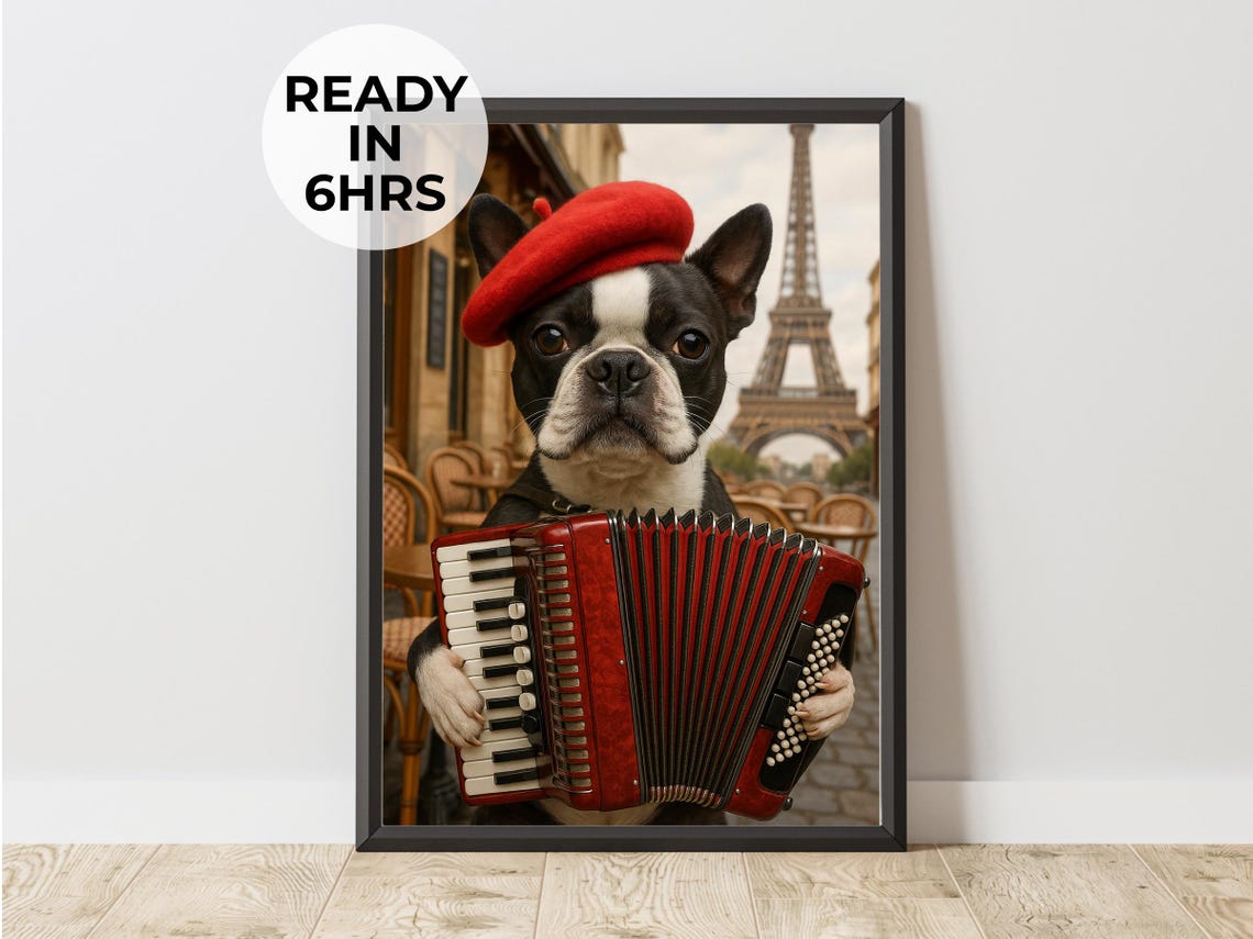 Paris Accordion Dog Boston Terrier Beret Eiffel Tower Funny Pet Poster