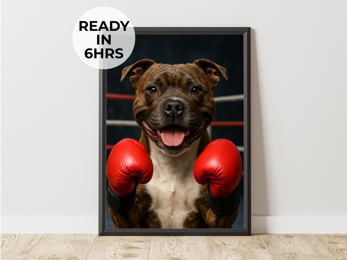 Staffy Boxing Gloves Red Ring Funny Boxer Dog Portrait Pet Art Poster