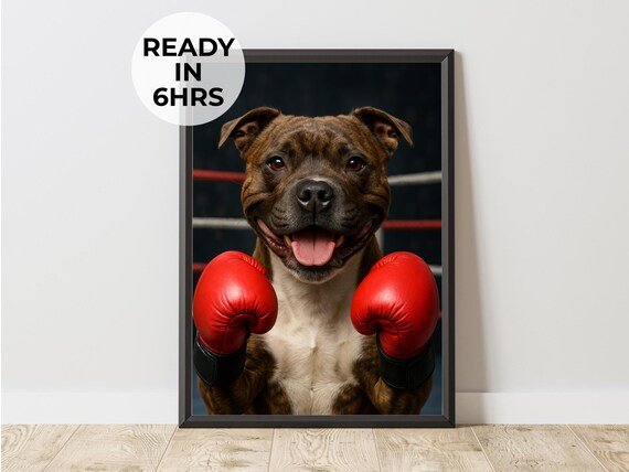 Staffy Boxing Gloves Red Ring Funny Boxer Dog Portrait Pet Art Poster