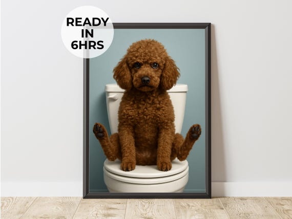 Funny Awkward Dog On Toilet Portrait Unique Bath Decor