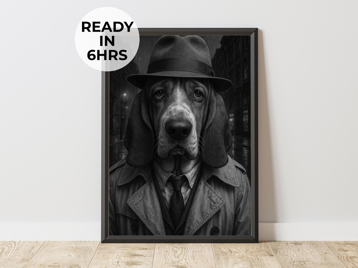 Custom Detective Pet Portrait Noir Fedora Basset Hound Poster