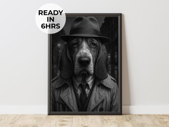 Custom Detective Pet Portrait Noir Dog Art Funny Gift