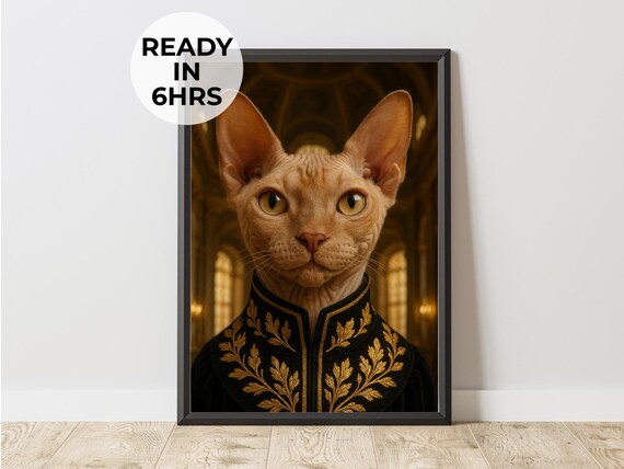 Sphynx Cat Military Officer Uniform Funny Royal Pet Portrait Print