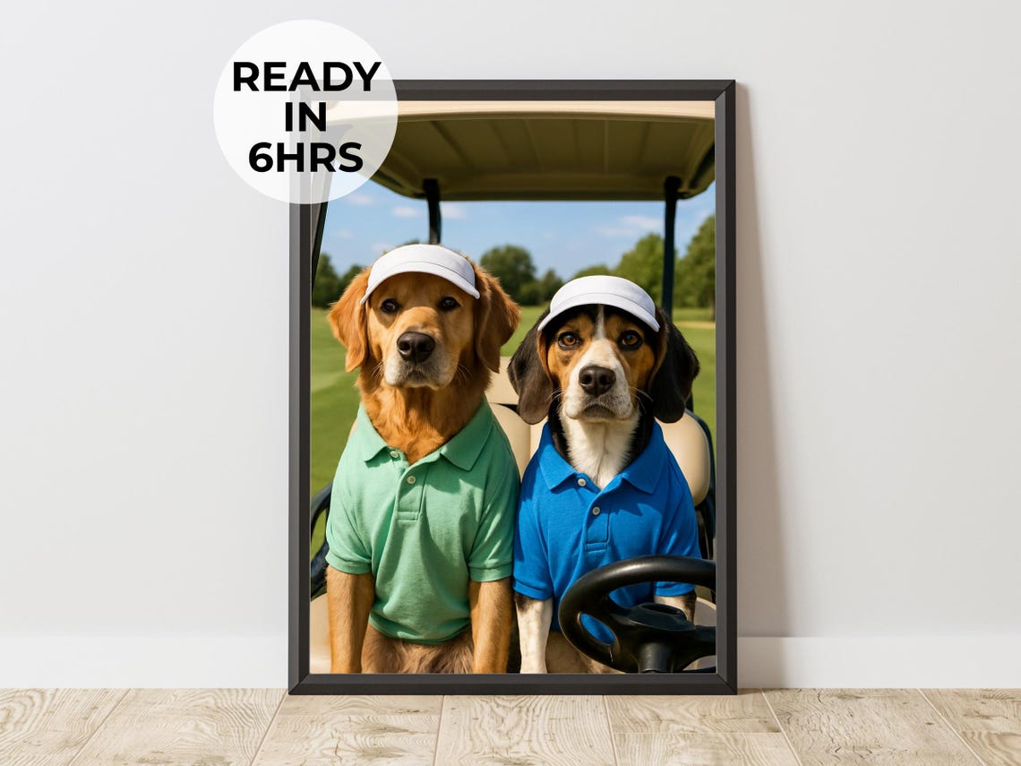 Golden Retriever Beagle Golf Cart Polo Shirts Funny Dogs Golf Poster