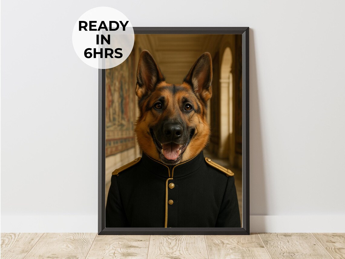 German Shepherd in Military Uniform Funny Dog Portrait Photo Poster