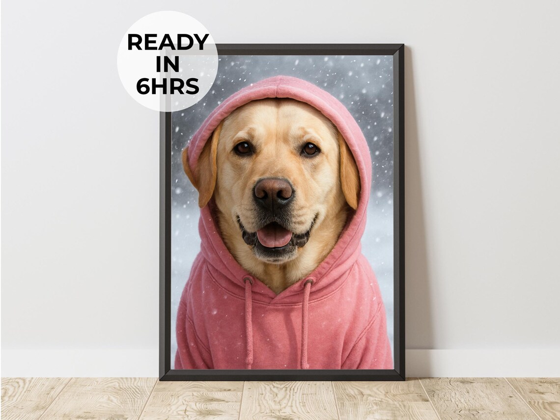Winter Labrador Pink Hoodie Snow Portrait Smiling Holiday Dog Art Poster