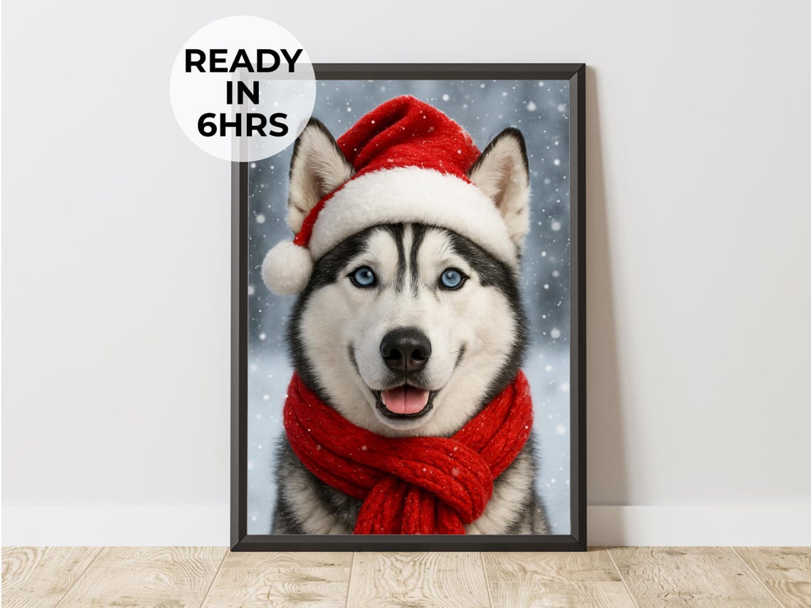 Custom Christmas Pet Portrait Santa Hat Husky Snow Gift Poster
