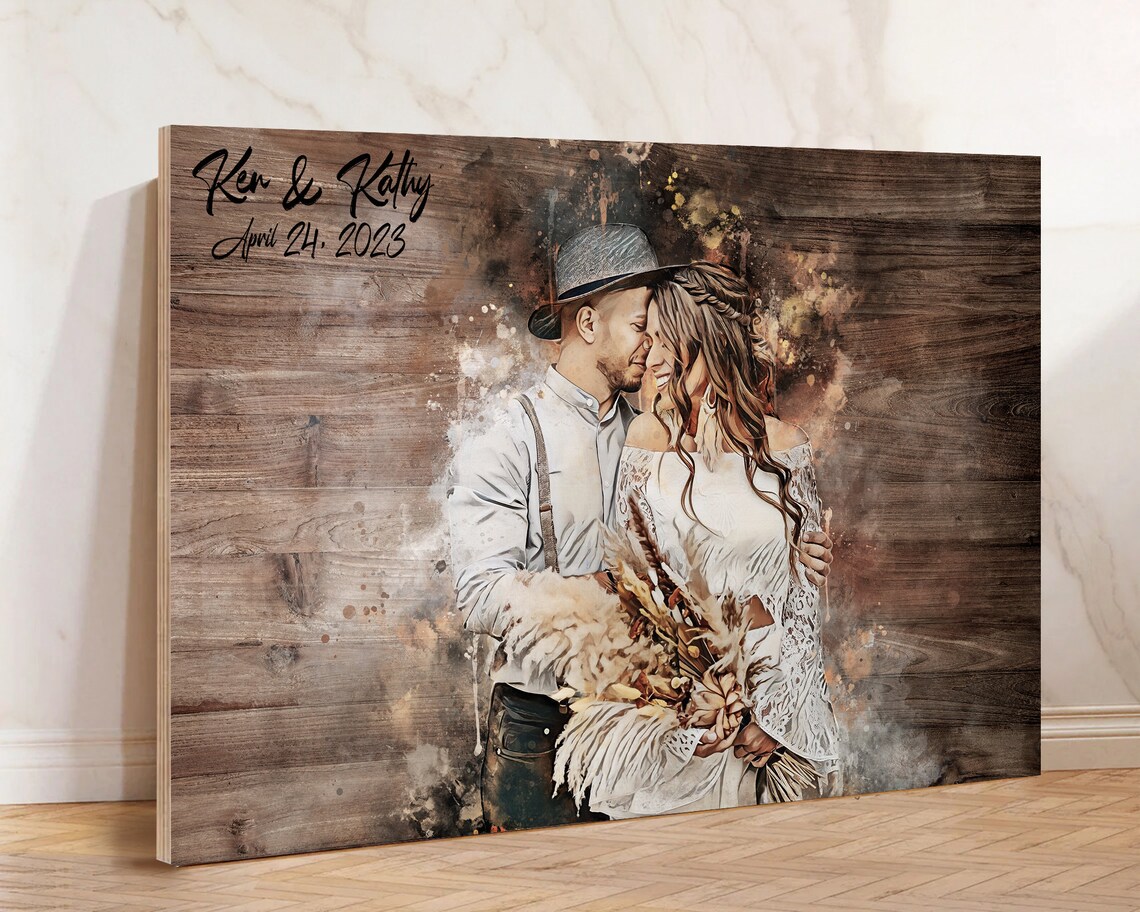 Family Photo Merge Portrait With Dogs Watercolor Wood Poster - Image 2