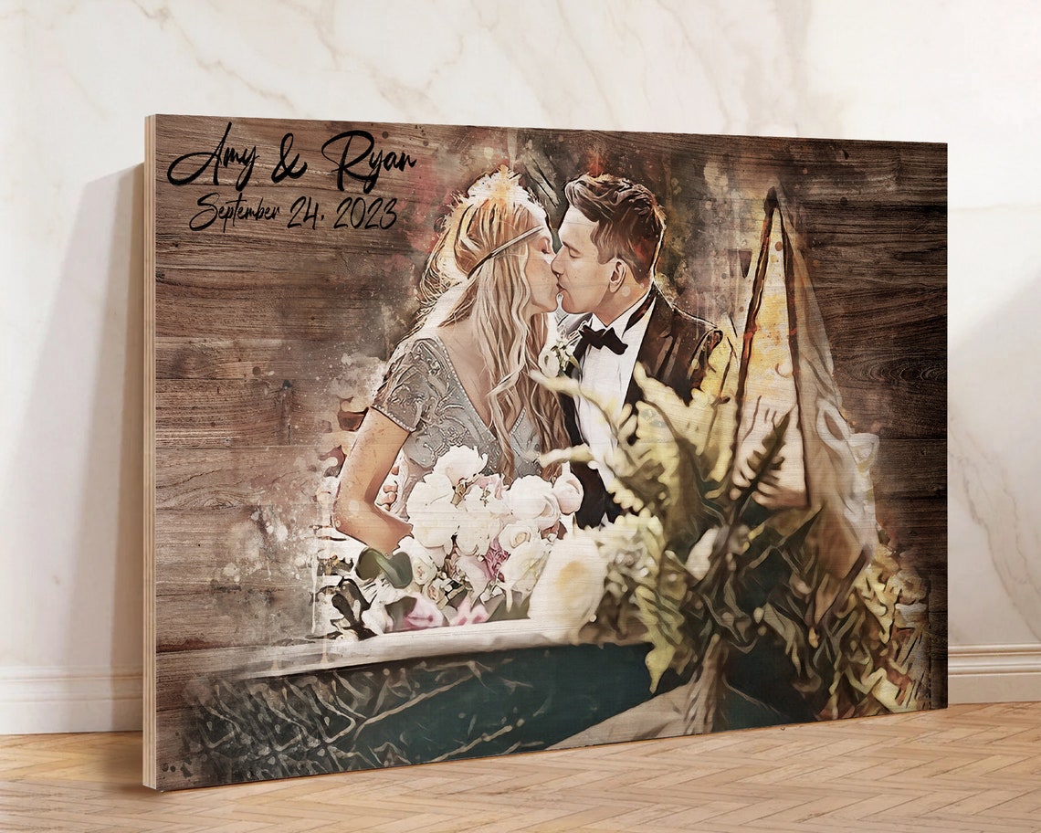 Marie and Joan Wedding Couple Watercolor Portrait Date Poster - Image 2