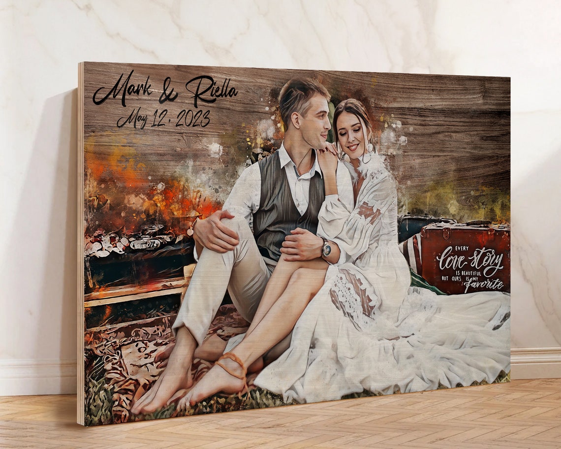 Custom Wedding Couple Watercolor Portrait Names and Date Poster - Image 3