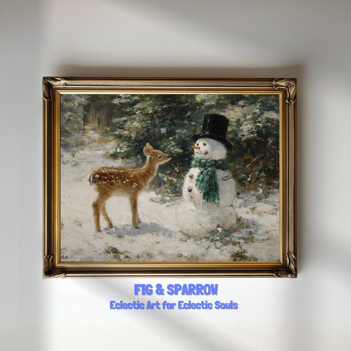 Vintage Fawn Deer Snowman Christmas Winter Woodland Scene Wall Art