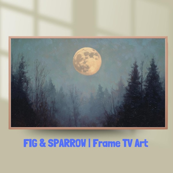 Full Moon Over Misty Pine Forest Night Landscape Moody Wall Art