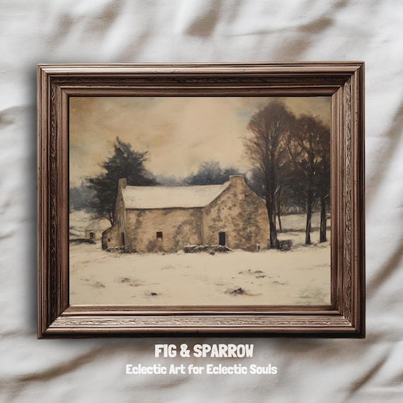 Rustic Stone Cottage in Snow Moody Winter Oil Painting Print