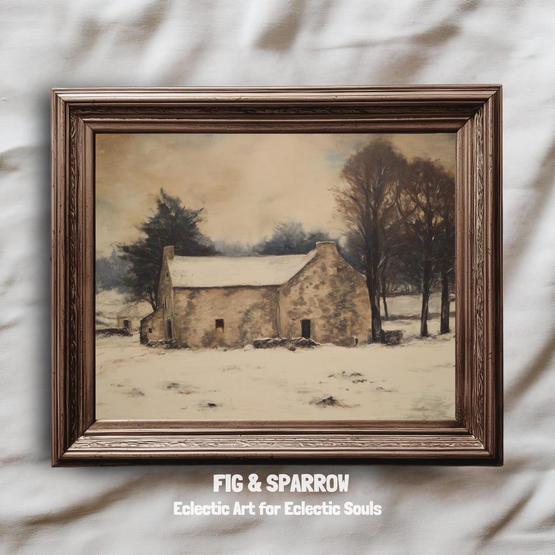 Rustic Stone Cottage in Snow Moody Winter Oil Painting Print