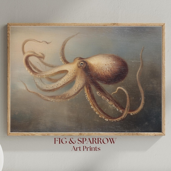 Vintage Octopus Painting Antique Nautical Sea Creature Art Print Coastal