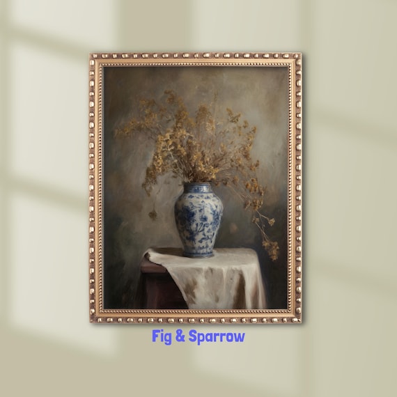 Vintage Blue Chinoiserie Vase With Dried Flowers Still Life Wall Art