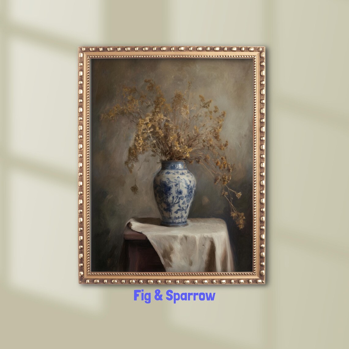 Vintage Blue Chinoiserie Vase With Dried Flowers Still Life Wall Art