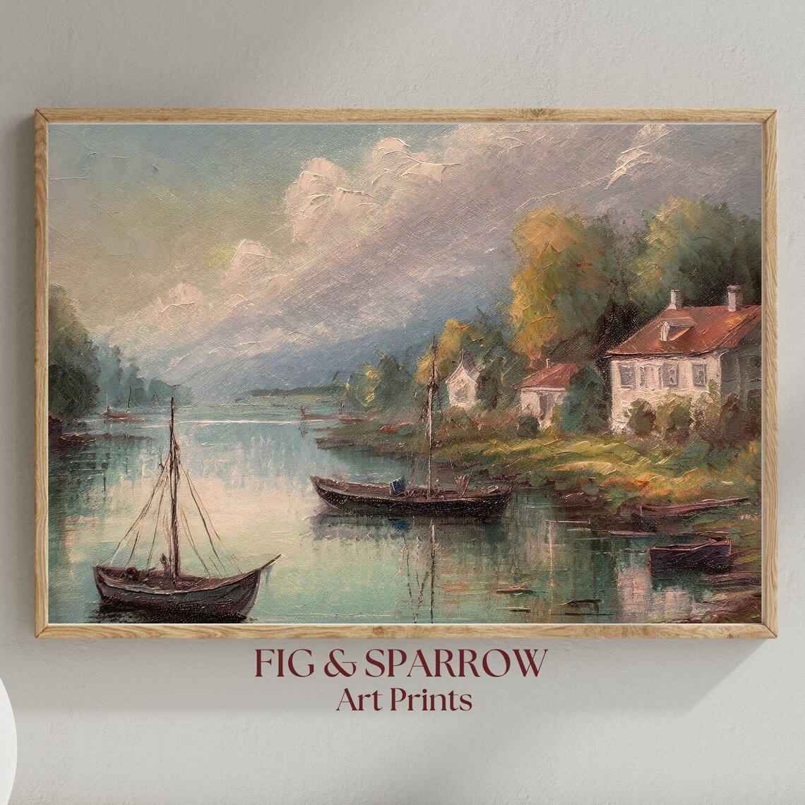 Vintage Sailboats River Harbor Oil Painting Antique Landscape Print