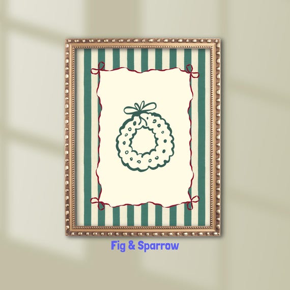 Striped Christmas Wreath Hand Drawn Holiday Green Red Retro Decor Poster