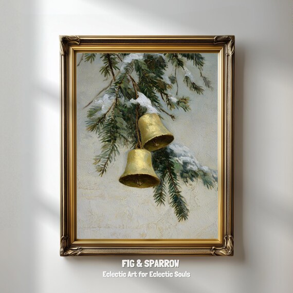 Golden Christmas Bells on Snowy Pine Branch Vintage Painting Poster