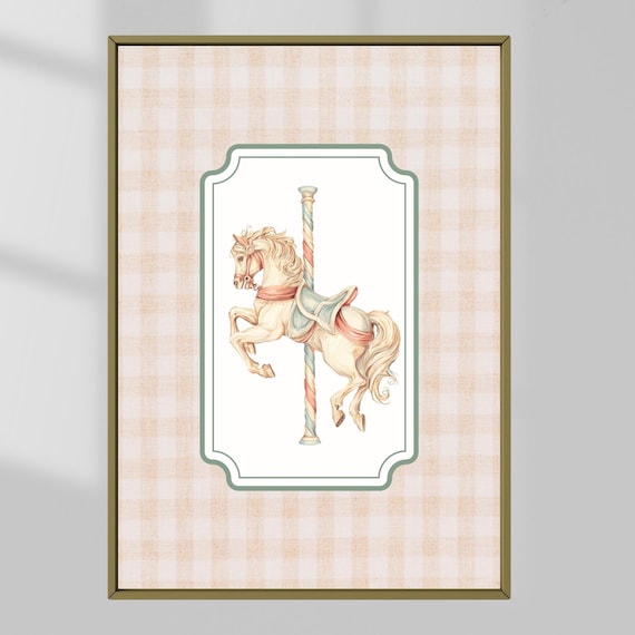 Cute Pastel Carousel Horse Vintage Nursery Gingham Baby Wall Art
