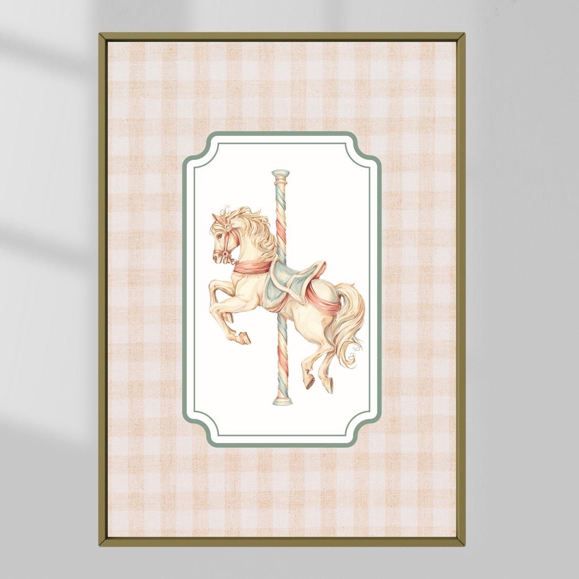 Cute Pastel Carousel Horse Vintage Nursery Gingham Baby Wall Art