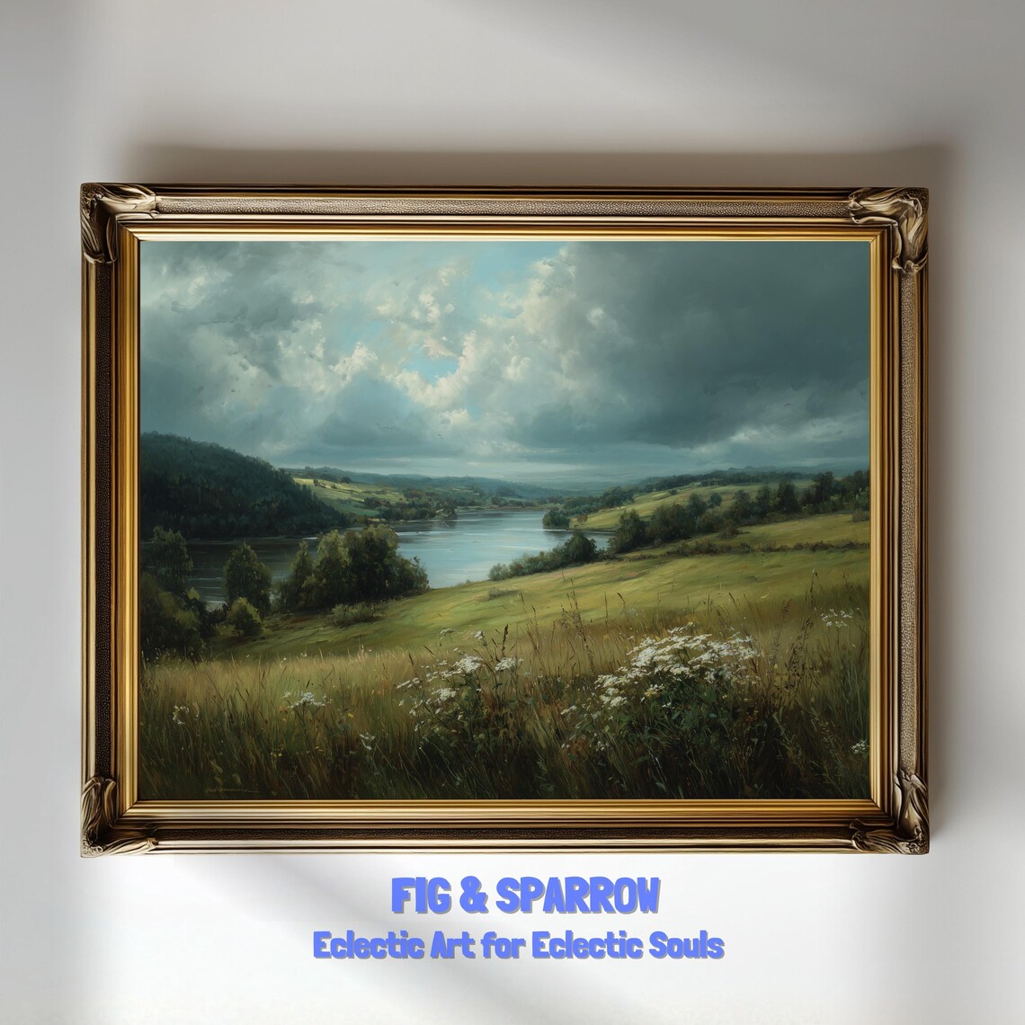 Moody Countryside Landscape Oil Painting Vintage Pasture Lake Poster