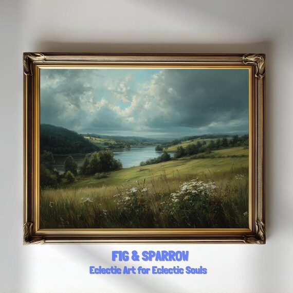 Moody Countryside Landscape Oil Painting Vintage Pasture Lake Poster