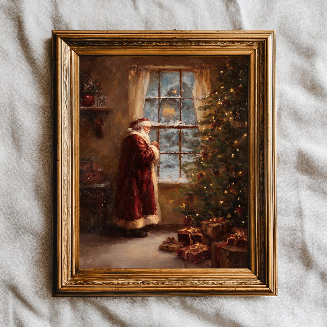 Vintage Santa Christmas Tree Poster Print, Cozy Winter