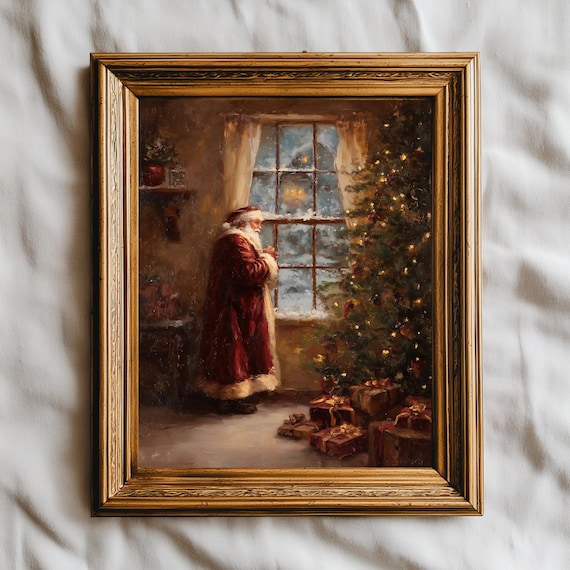 Vintage Santa Christmas Tree Poster Print, Cozy Winter