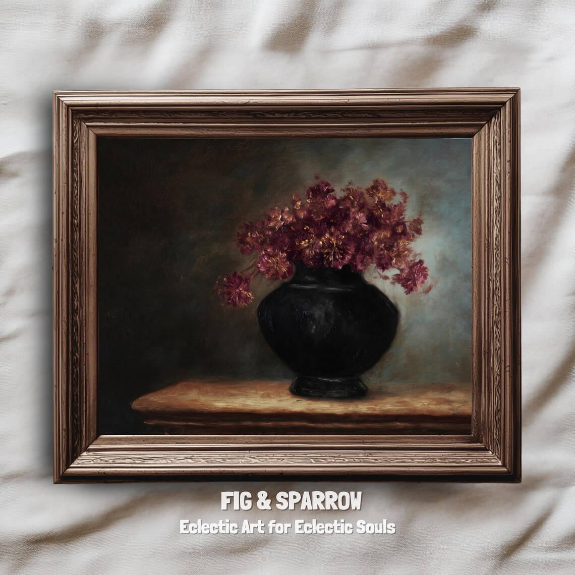 Dark Chrysanthemum Still Life Black Vase Moody Floral Art Print