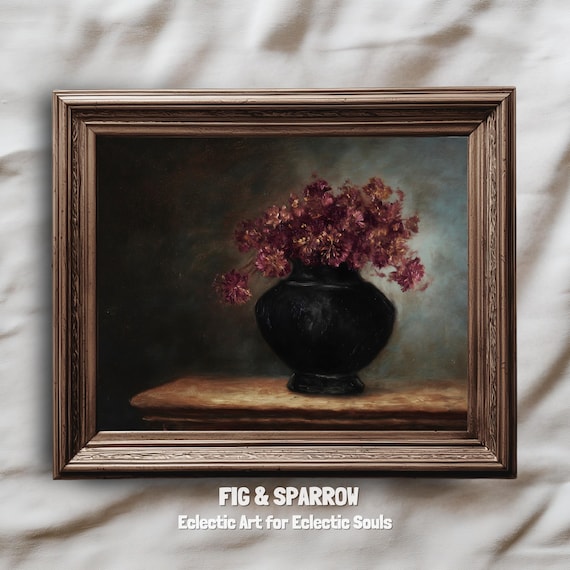 Burgundy Floral Wall Art Moody Still Life Painting Vintage Rustic Botanical Print