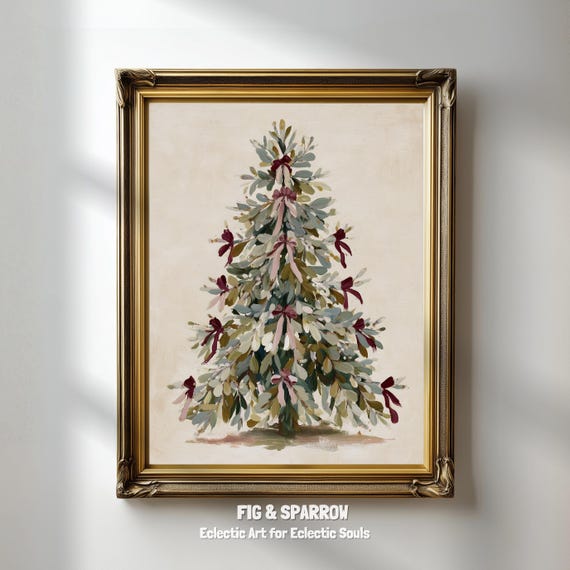 Mistletoe Christmas Tree Watercolor Vintage Holiday Wall Art