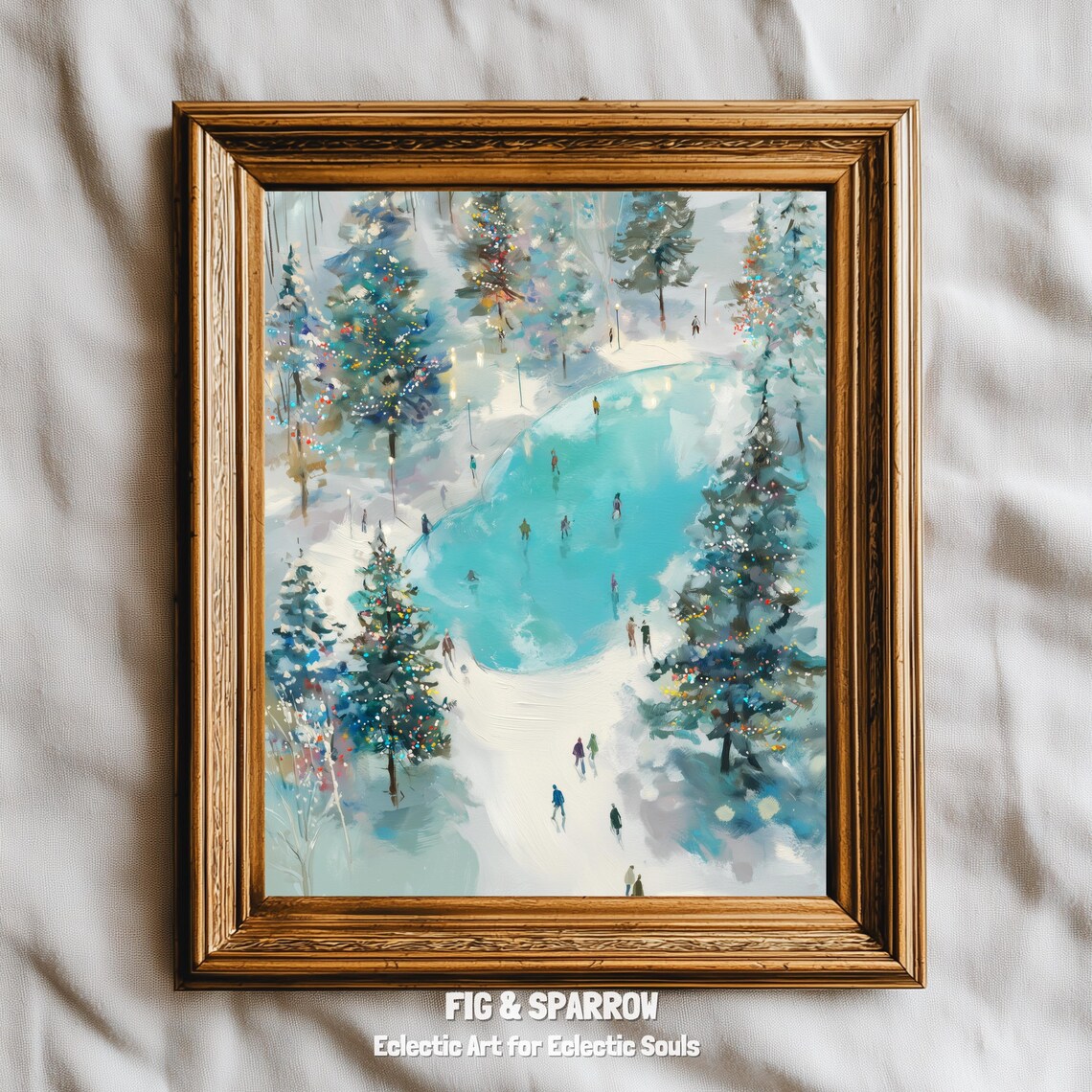 Winter Ice Skating Village Aerial Snowy Christmas Painting Wall Art