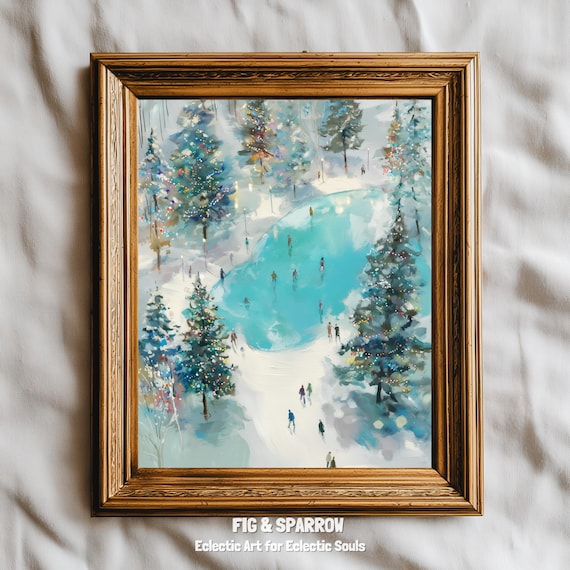 Winter Ice Skating Village Aerial Snowy Christmas Painting Wall Art