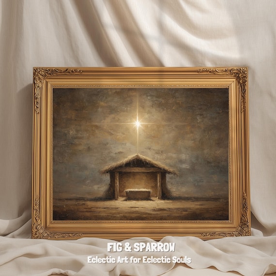 Minimal Nativity Scene Christmas Poster Neutral Manger Bethlehem Star Art